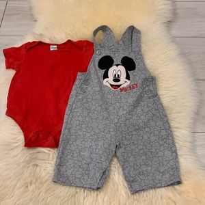 Disney Baby Red Onesie and Gray Mickey Mouse Shorts Overalls Size 24M